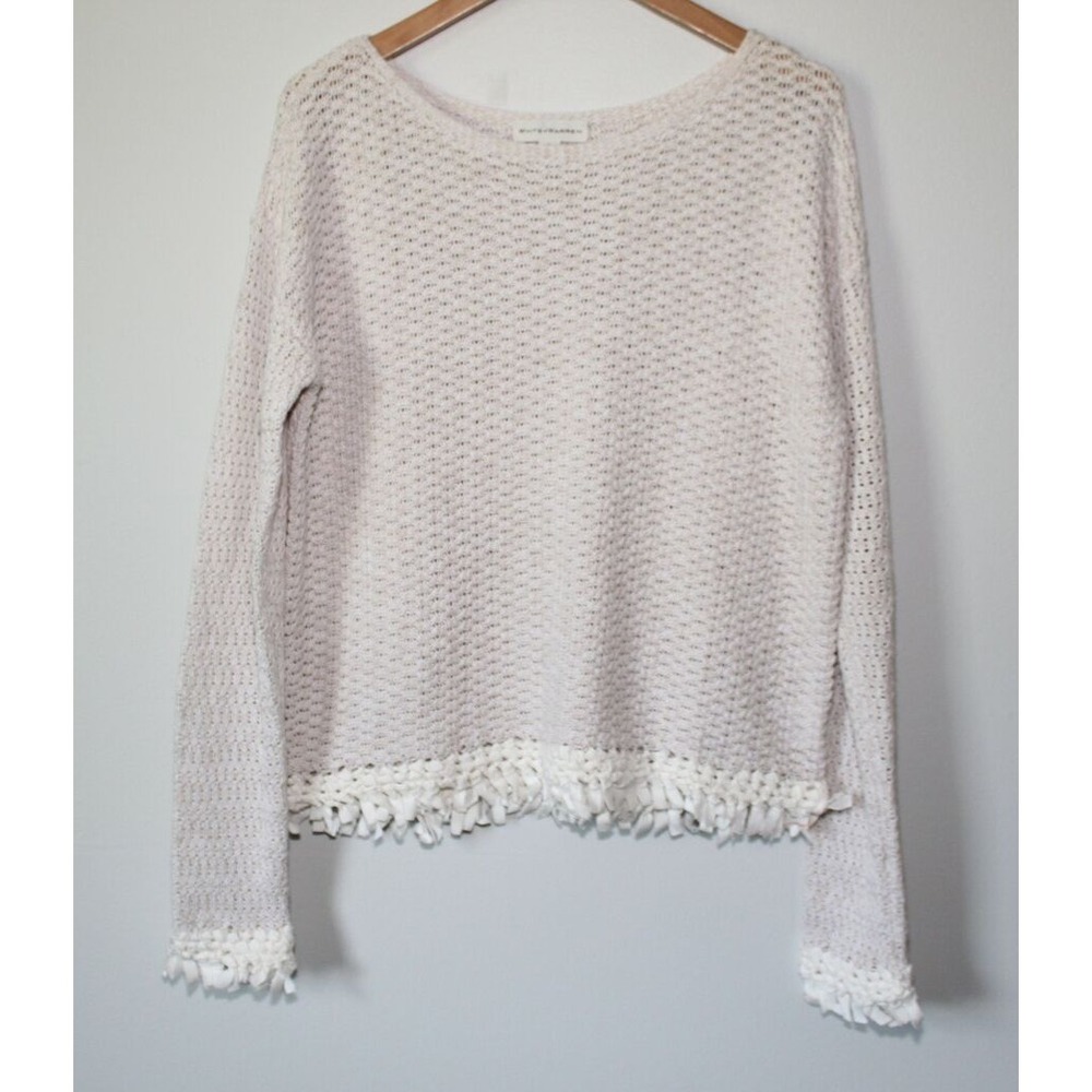 ✨2/$20 White + Warren Open Knit Fringe Trim Sweater Oatmeal Large Boho Coastal - Picture 4 of 16